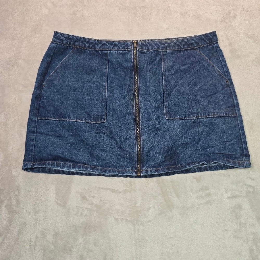 Refuge Plus Denim Mini Skirt Womens 2X Blue Full Zip Front Patch Pockets Cotton